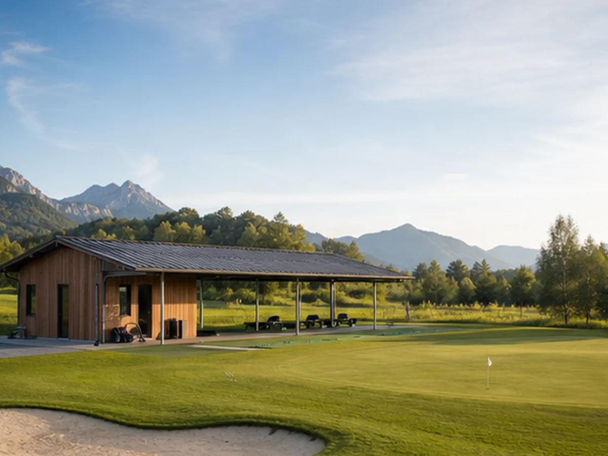 Golf-Trainingsbereich mit funktionalem Betriebsgebäude