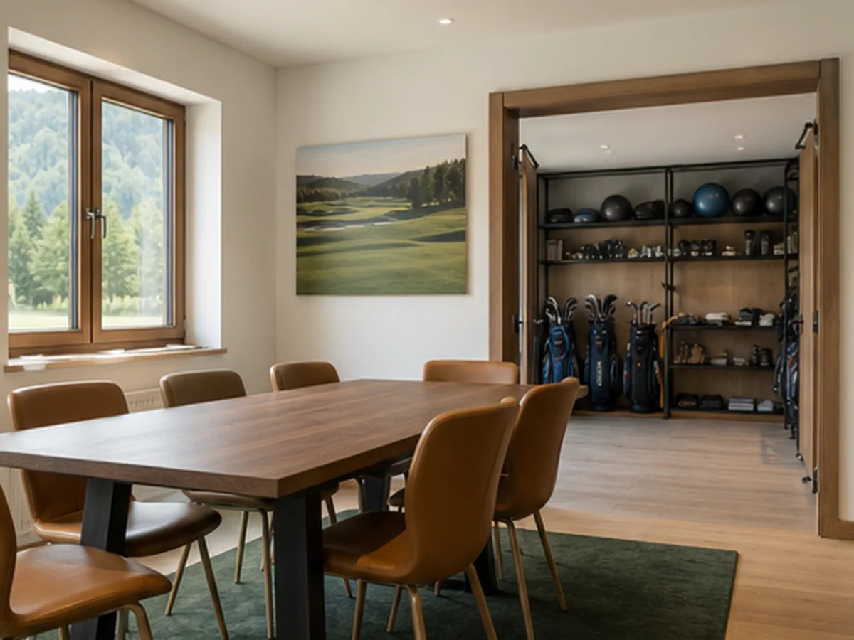 Schulungsraum und Materialbereich eines Golf-Trainingsstandorts